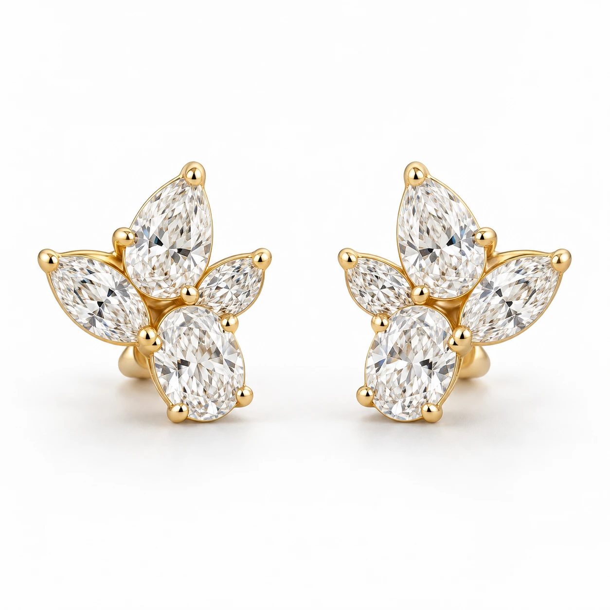 Illustrative 18K yellow gold cluster earrings with fancy-shaped diamonds