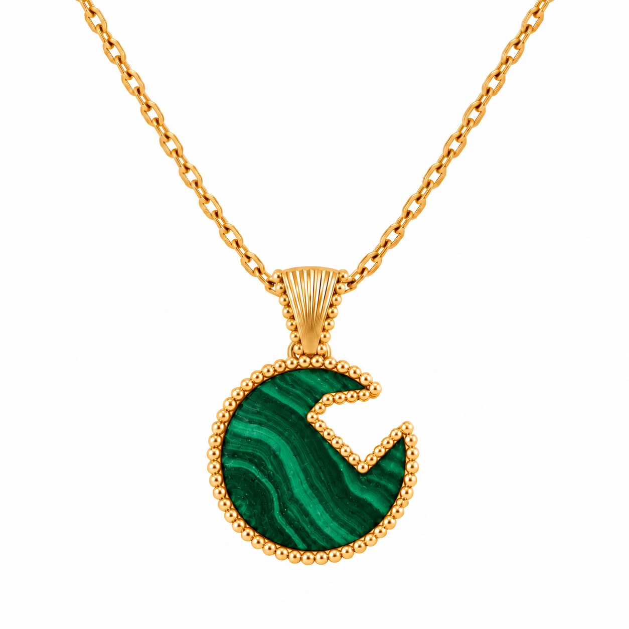 Malachite Crescent Pendant in polished yellow gold